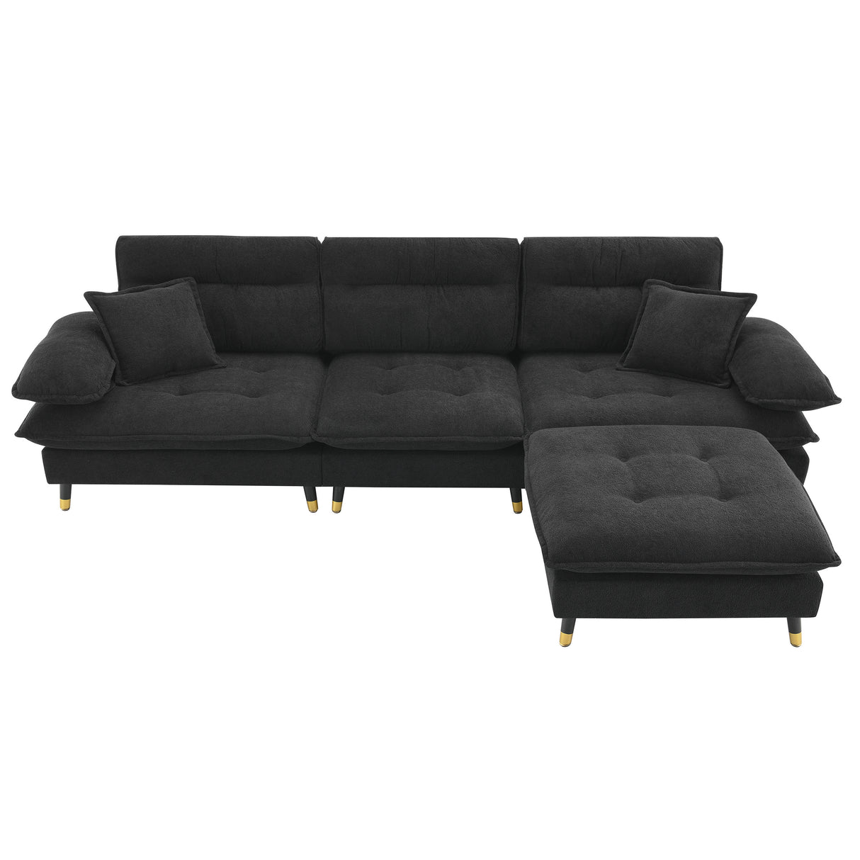 L shaped Sectional Sofa with Cloud Chenille Fabric and Ottoman - Black