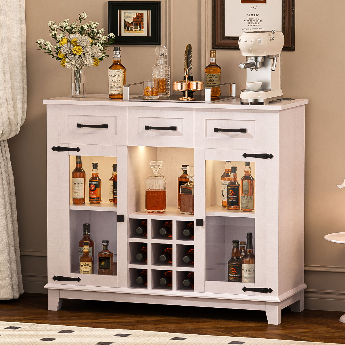 Modern Farmhouse Accent Cabinet With Storage, LED, Charging Station, Wine & Glass Rack and 3 Drawers - Antique White