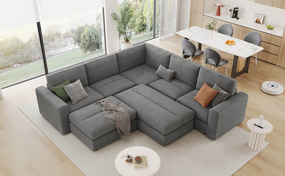 121.3" Modular Sectional Sofa with Two Movable Ottomans, Gray