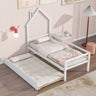 House Wooden Daybed With Trundle, House-Shaped Headboard Bed With Guardrails