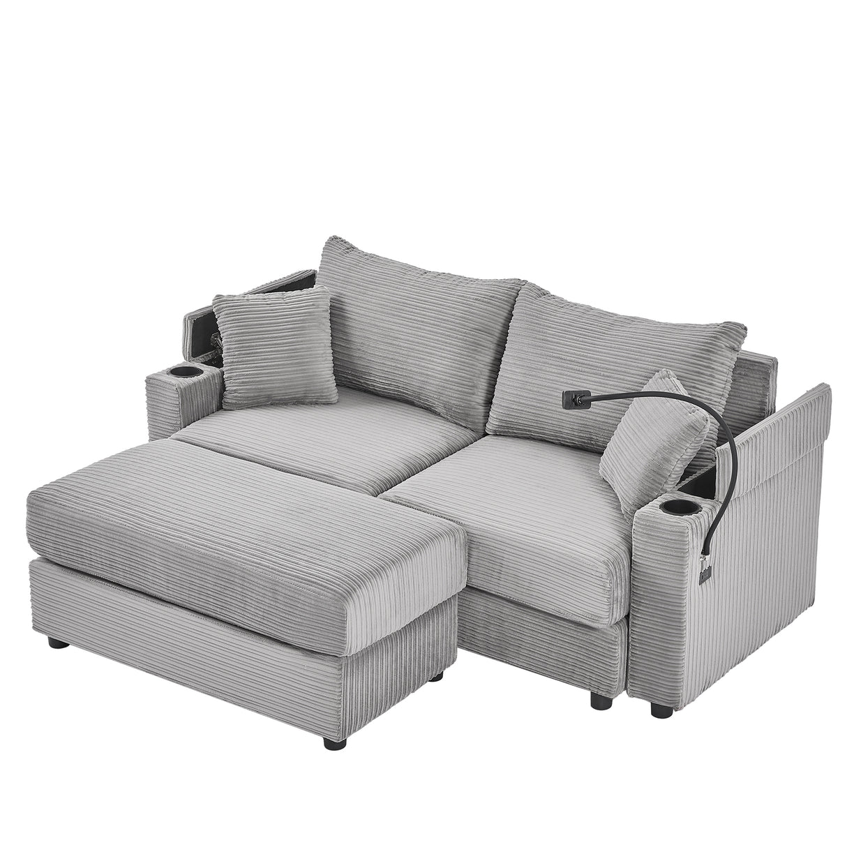 72.8" Modern Style Loveseat with Storage Space, Movable Ottoman, Two USB Ports, Two Cup Holders and Phone Holder - Gray