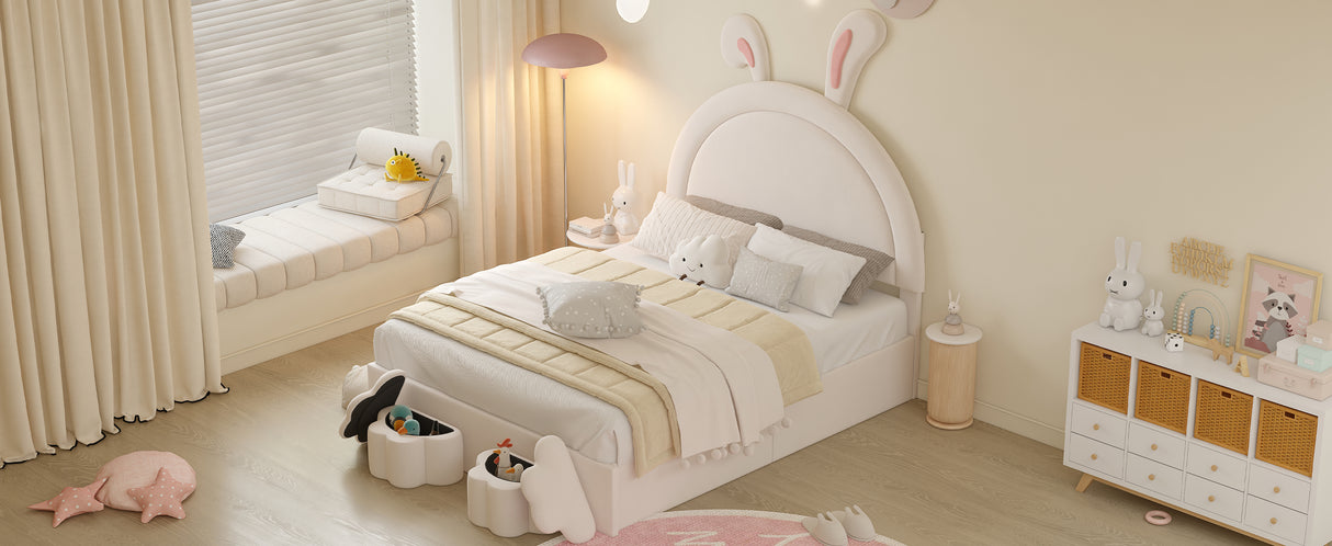 Full size Upholstered Rabbit-Shape Bed with 2 Storage Stools and Cartoon Ears Shaped Headboard, White