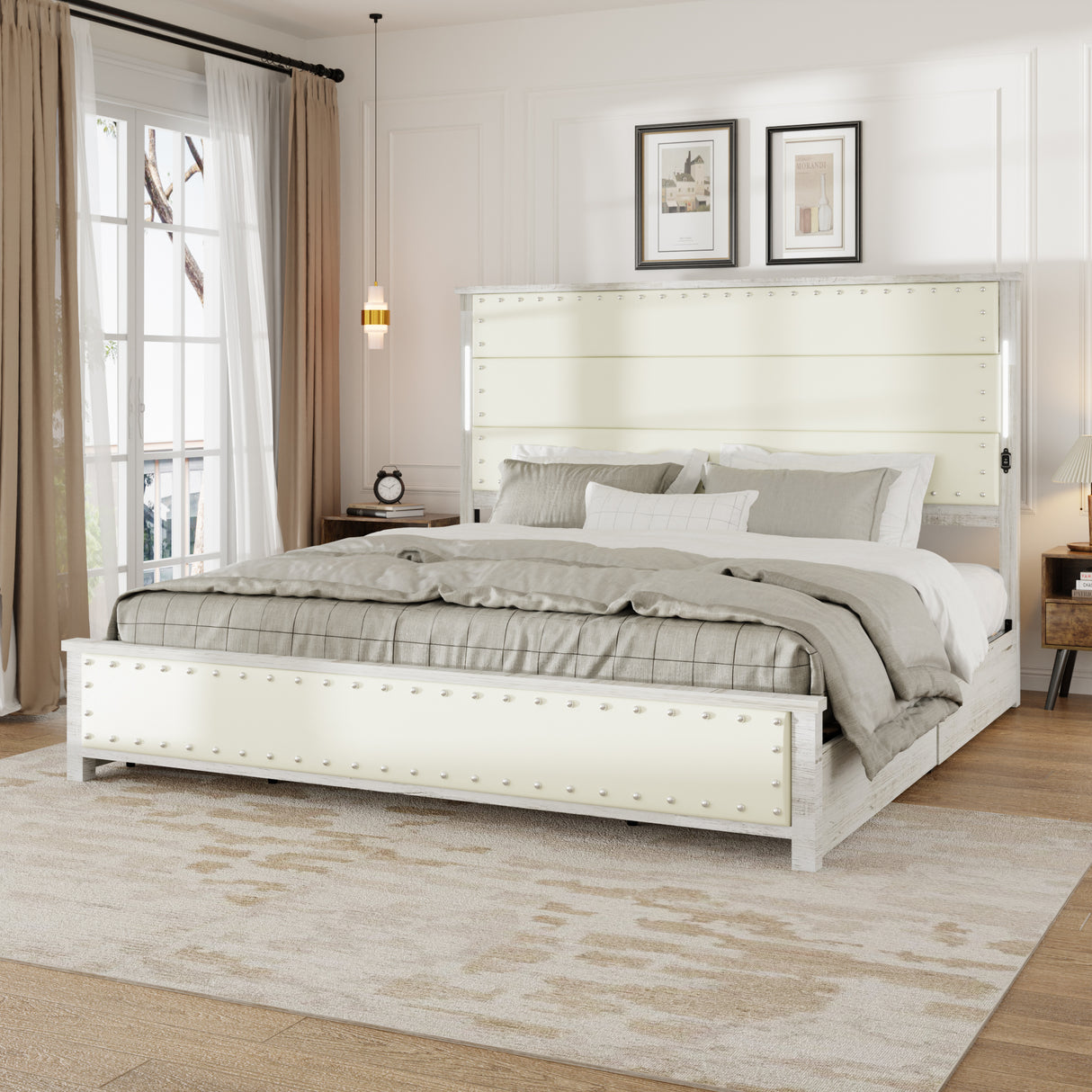 King Size Bed with Upholstered Headboard and 4 Storage Drawers - Beige