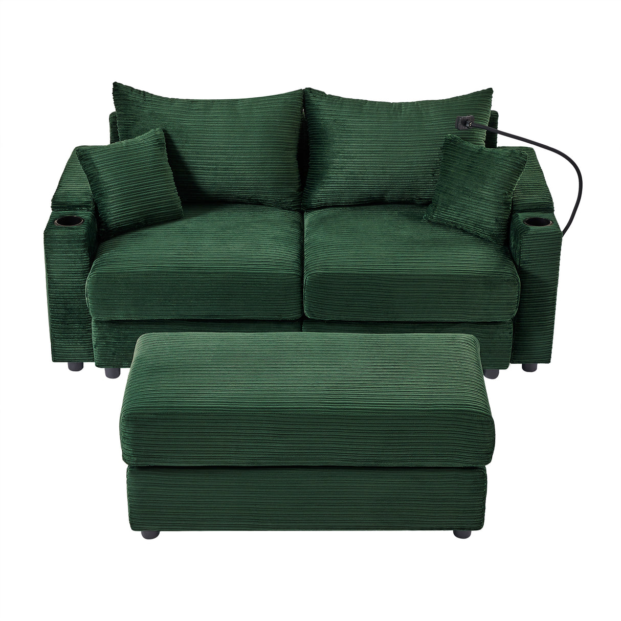 72.8" Modern Style Loveseat with Storage Space, Movable Ottoman, Two USB Ports, Two Cup Holders and Phone Holder - Green