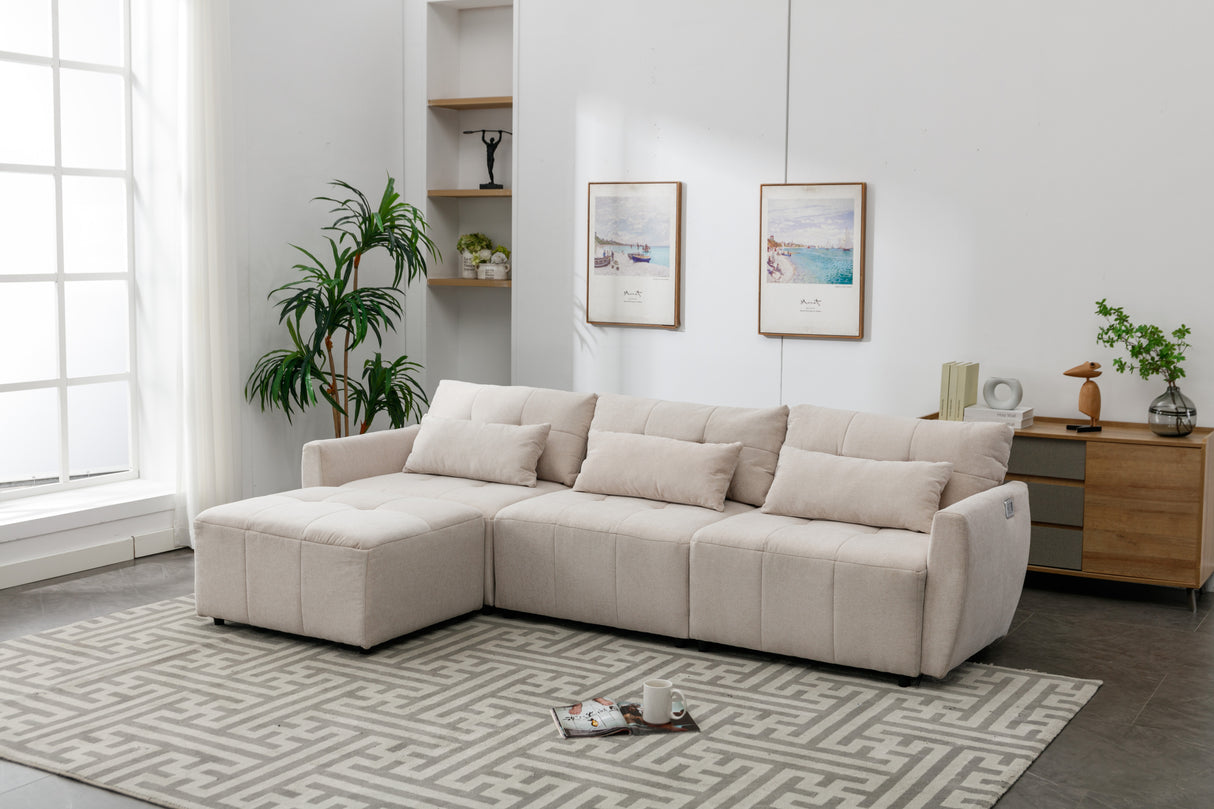 113.3" Modular Sectional Sofa with Ottoman and USB and USB-C Ports - Beige