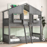 House Bunk Bed With Roof, Window, Window Box, Door, With Safety Guardrails And Ladder