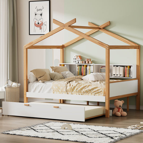 Twin House Bed WithTrundle And Bookshelf - White