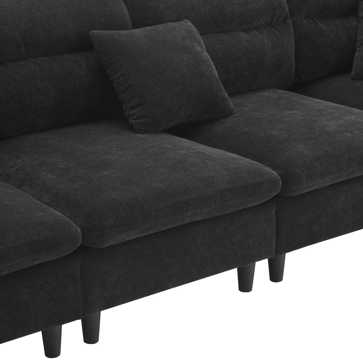 Modern Convertible Sectional Sofa with Pillows and Ottoman - Black