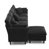 Modern Convertible Sectional Sofa with Pillows and Ottoman - Black