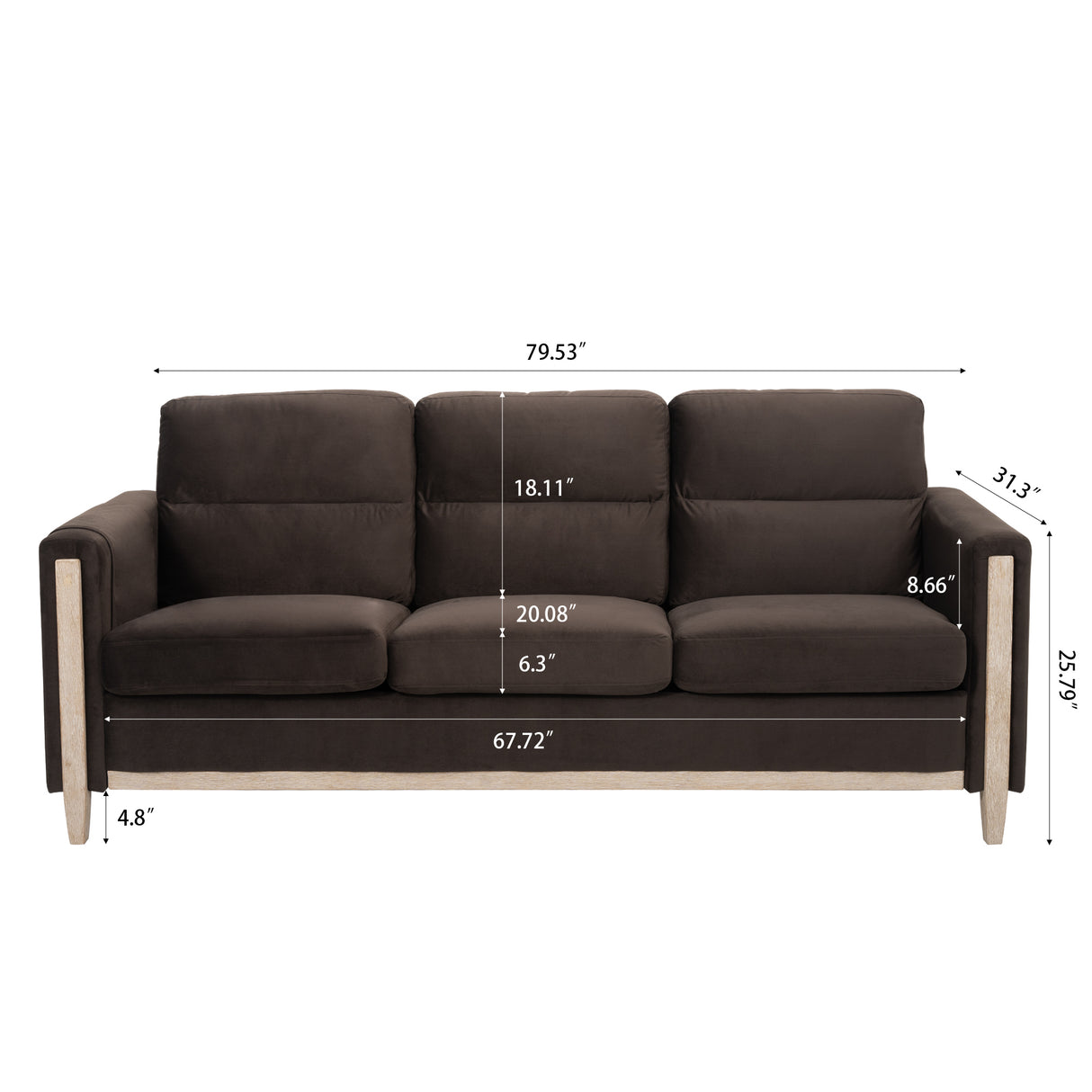 79.5" Comfortable Solid Wood Sofa with Soft Cushion" - Brown