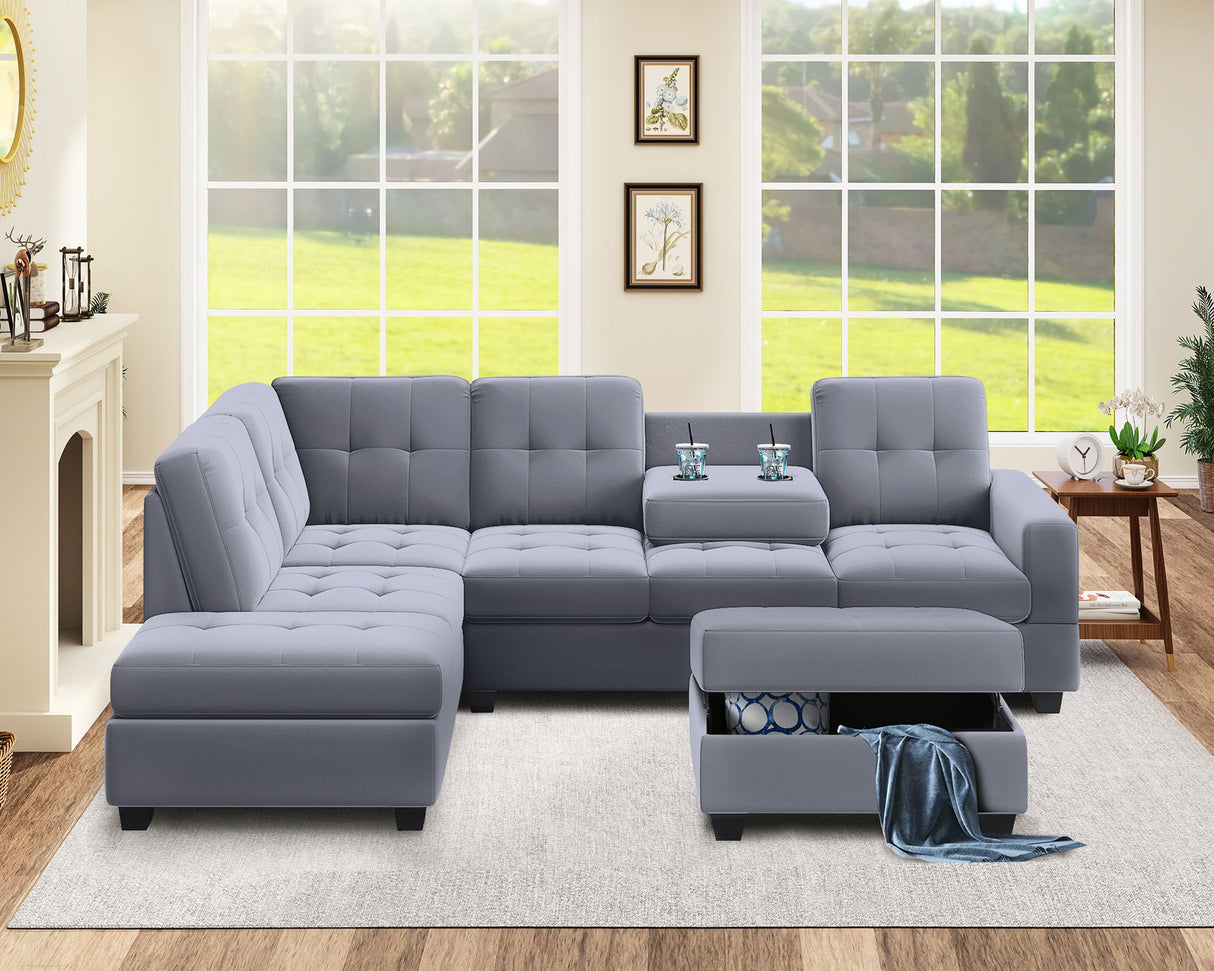 Modern Sectional Sofa With Reversible Chaise, L Shaped Couch Set With Storage Ottoman And Two Cup Holders For Living Room