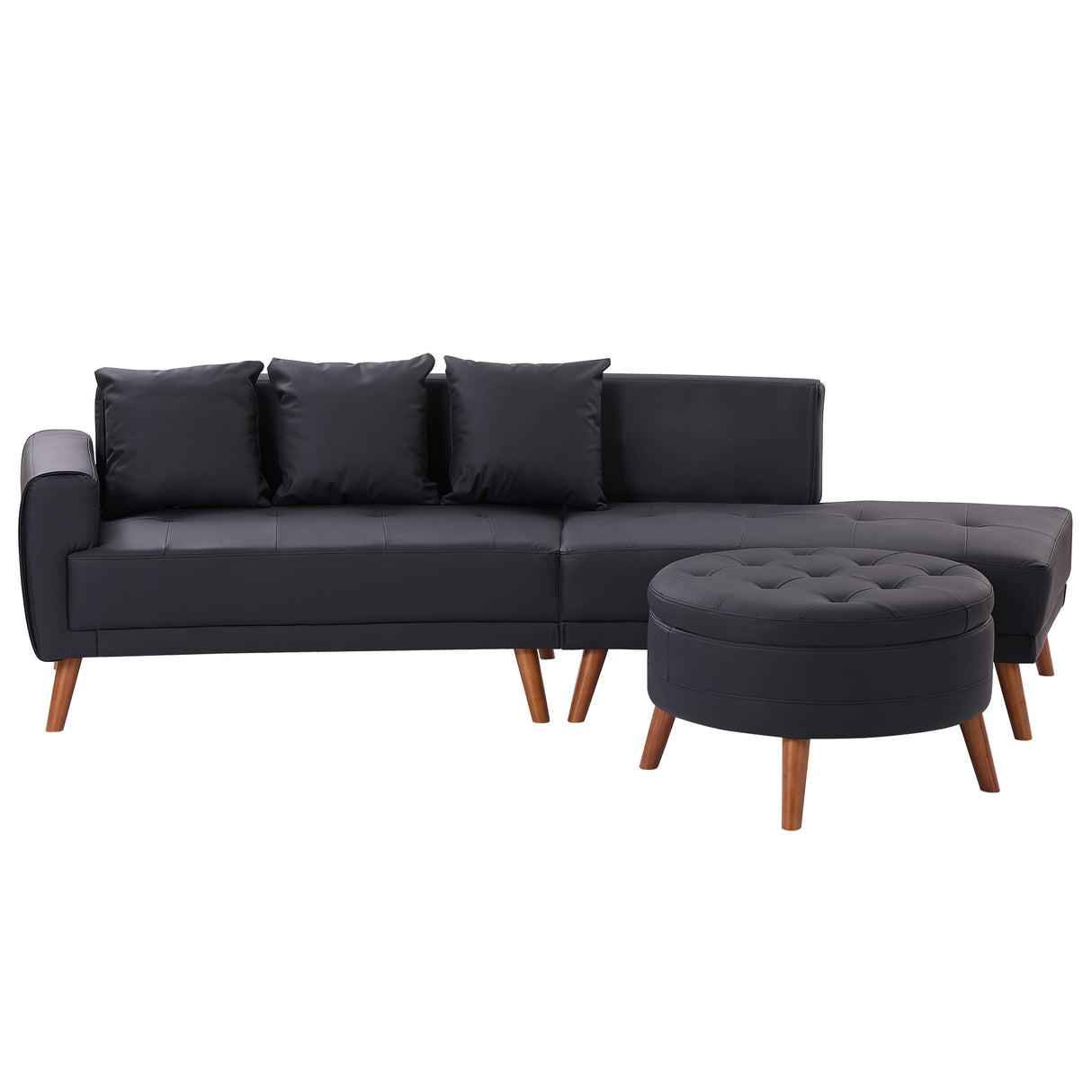 107" Contemporary Sofa with a Round Storage Ottoman and Three Removable Pillows - Black