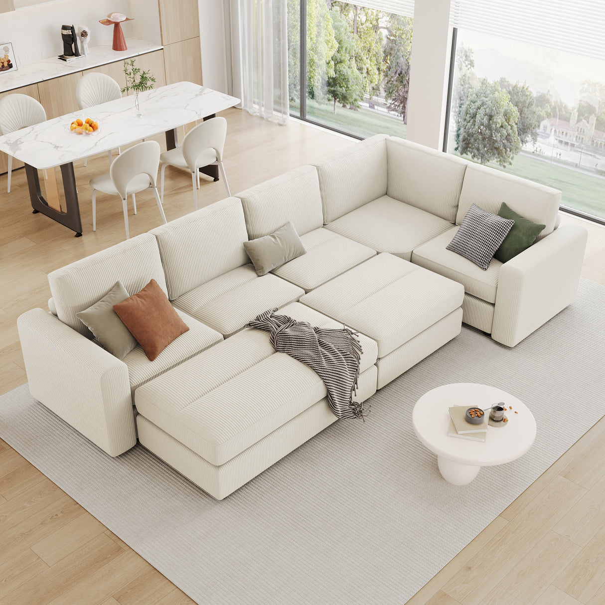 121.3" Modular Sectional Sofa with Two Movable Ottomans,  Beige