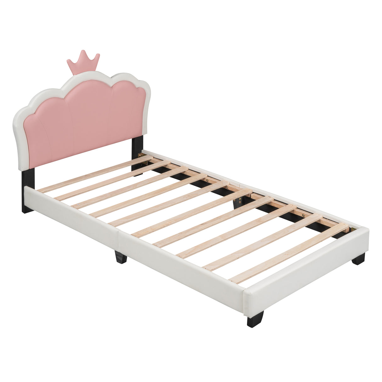 Twin size Upholstered Princess Bed With Crown Headboard, White+Pink