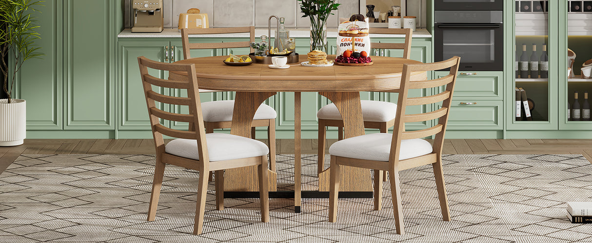 TREXM 5-Piece Dining Set With Table, 16-inch Leaf and 4 Upholstered Chairs (Natural)