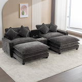 112.6" Chenille Upholstered Sofa with Two Ottomans, Two USB Ports, Two Cup Holders and Large Storage Box -Dark Gray