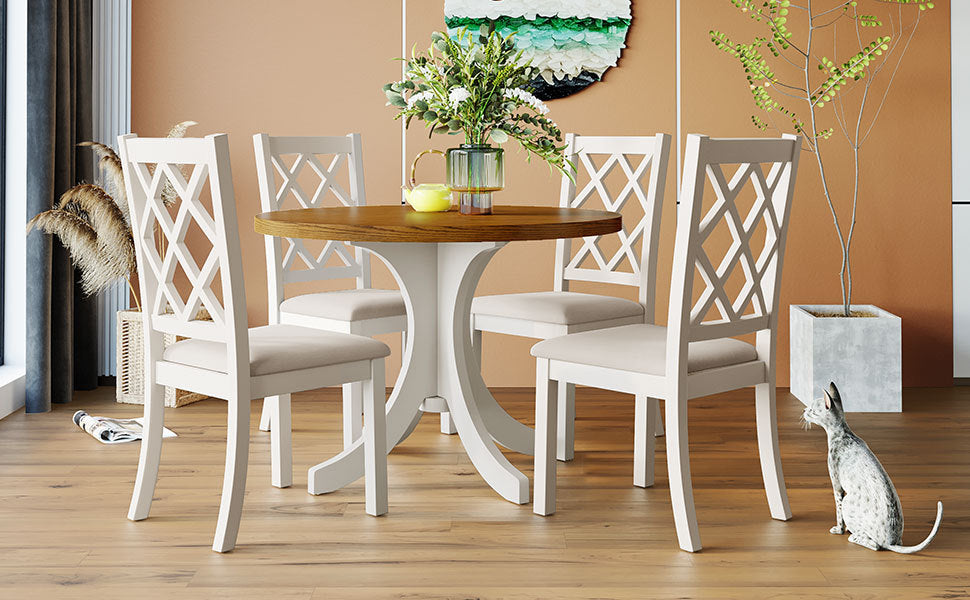 Solid Wood 5-Piece Round Dining Table Set with Upholstered Chairs - Walnut Top +Beige Chair