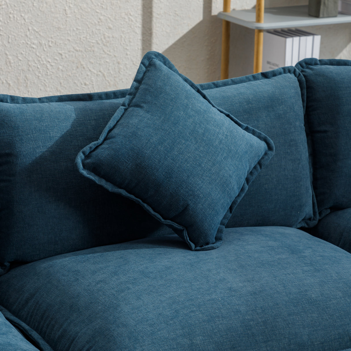 112.2" Chenille Upholstered Sofa with Ottoman and 5 Pillows - Blue