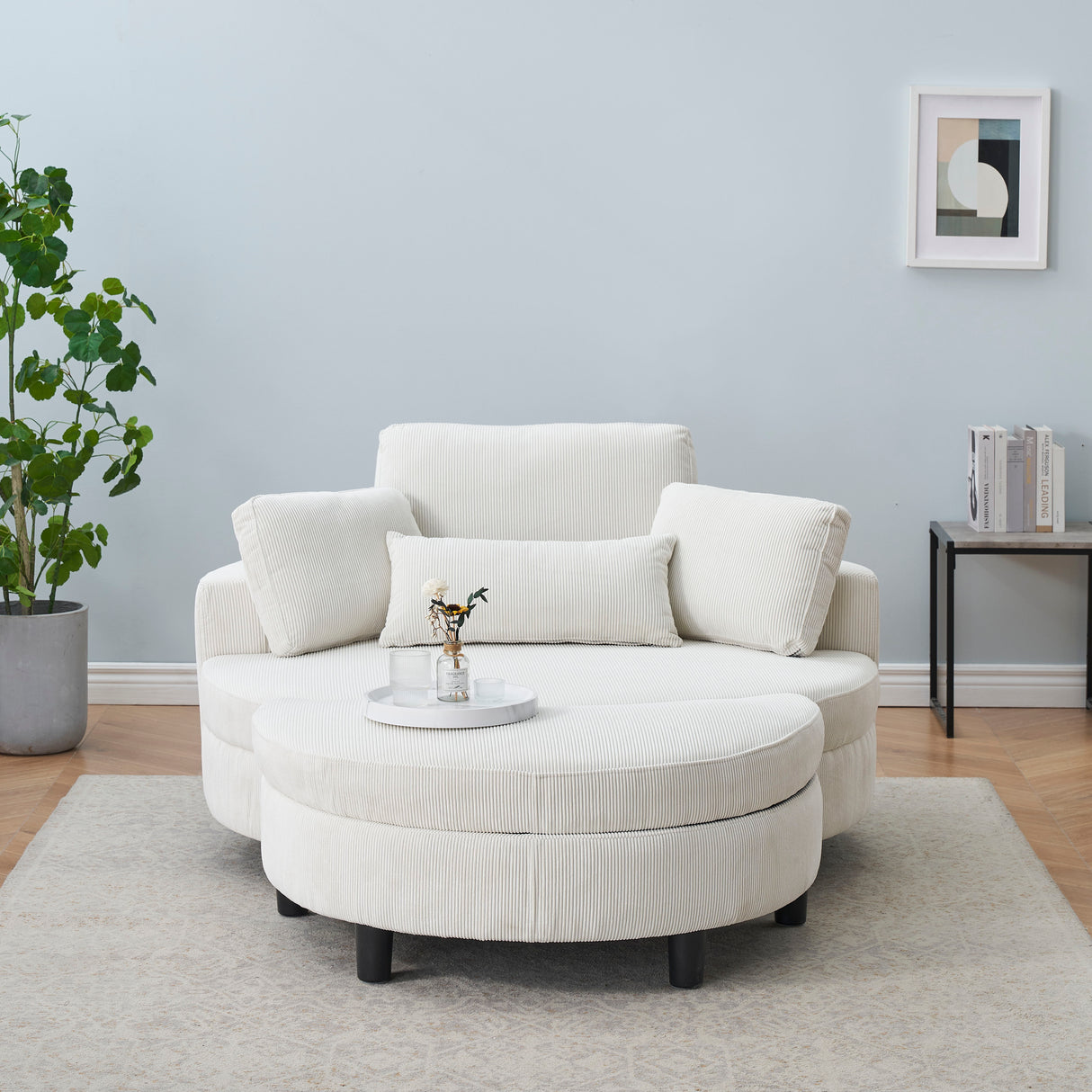 Corduroy Sofa With Two Throw Pillows And A Waist Pillow With An Extra Tray For Comfortable Seating In Small Apartment Bedrooms