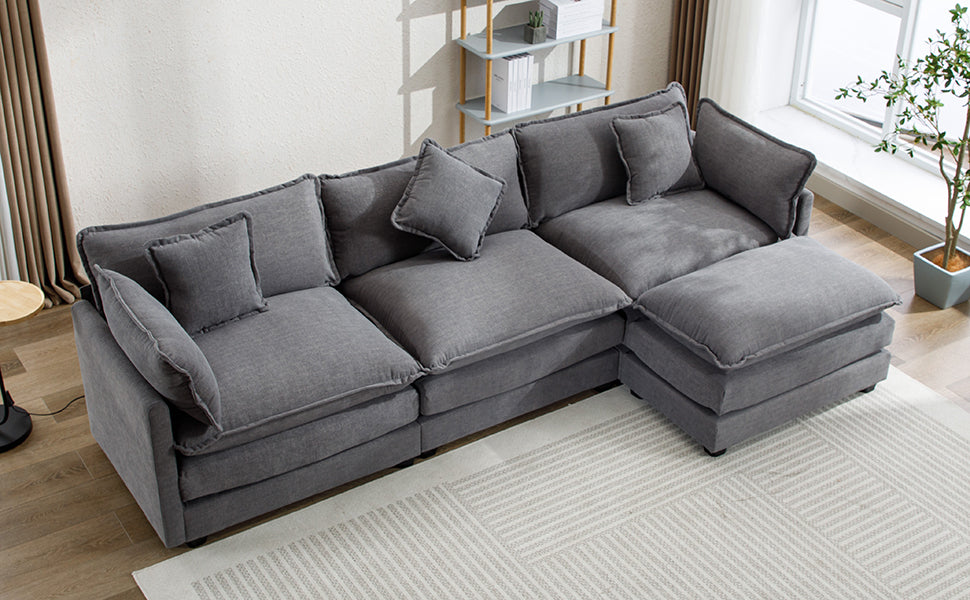 112.2" Chenille Upholstered Sofa with Ottoman and 5 Pillows - Gray