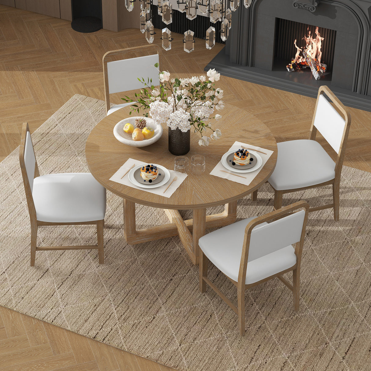 5-Piece Dining Set with Radial Wood Grain Design and 4 Upholstered Chairs for Dining Room and Kitchen (Natural Wood Wash)