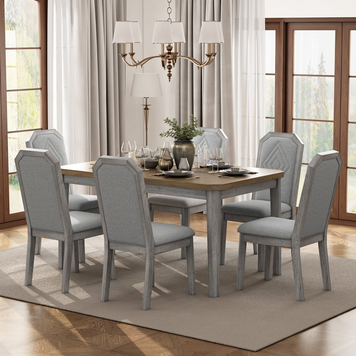 TREXM 7-Piece Farmhouse Dining Set With 6 high-back Chairs (Brown+Gray)