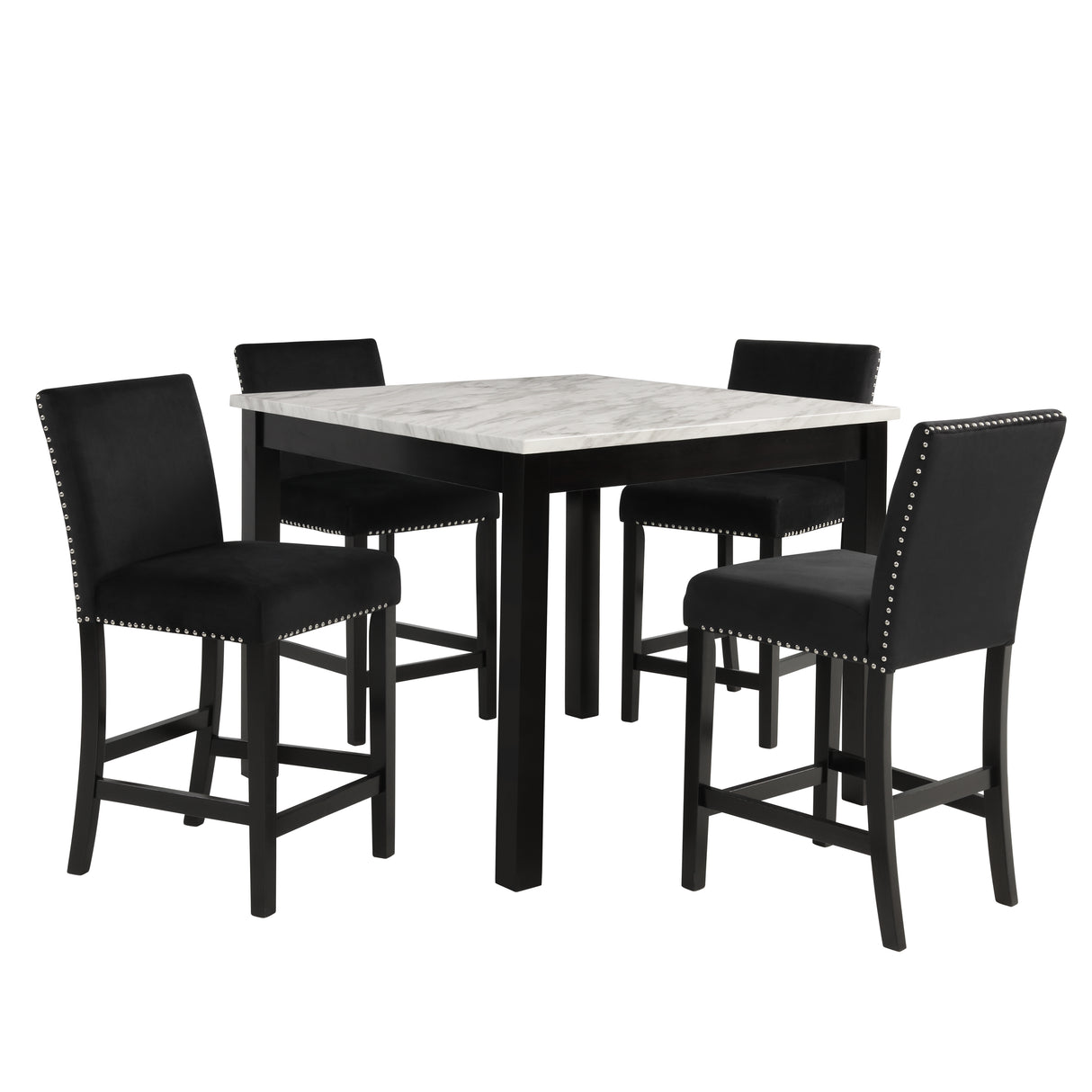 5pc Counter Height Dining Set Square with White Faux Marble and Velvet Upholstered Tufted Nail Head Chairs - Black