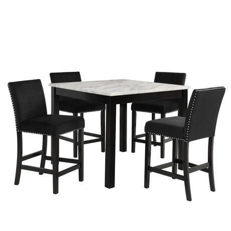 5pc Counter Height Dining Set Square with White Faux Marble and Velvet Upholstered Tufted Nail Head Chairs - Black