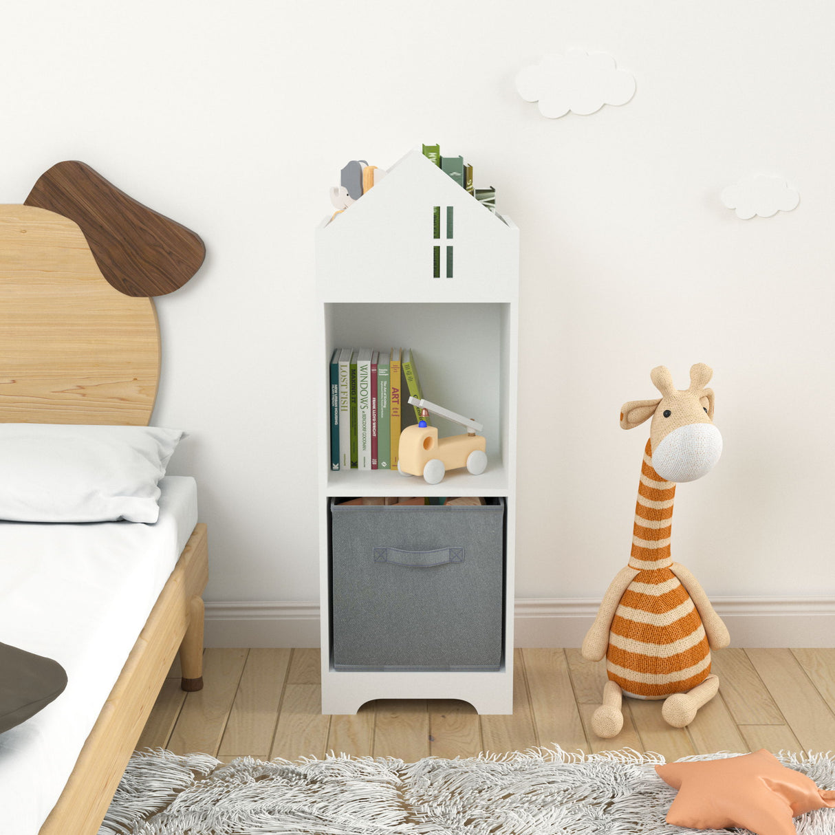 Kids House Bookcase With Storage - White / Gray