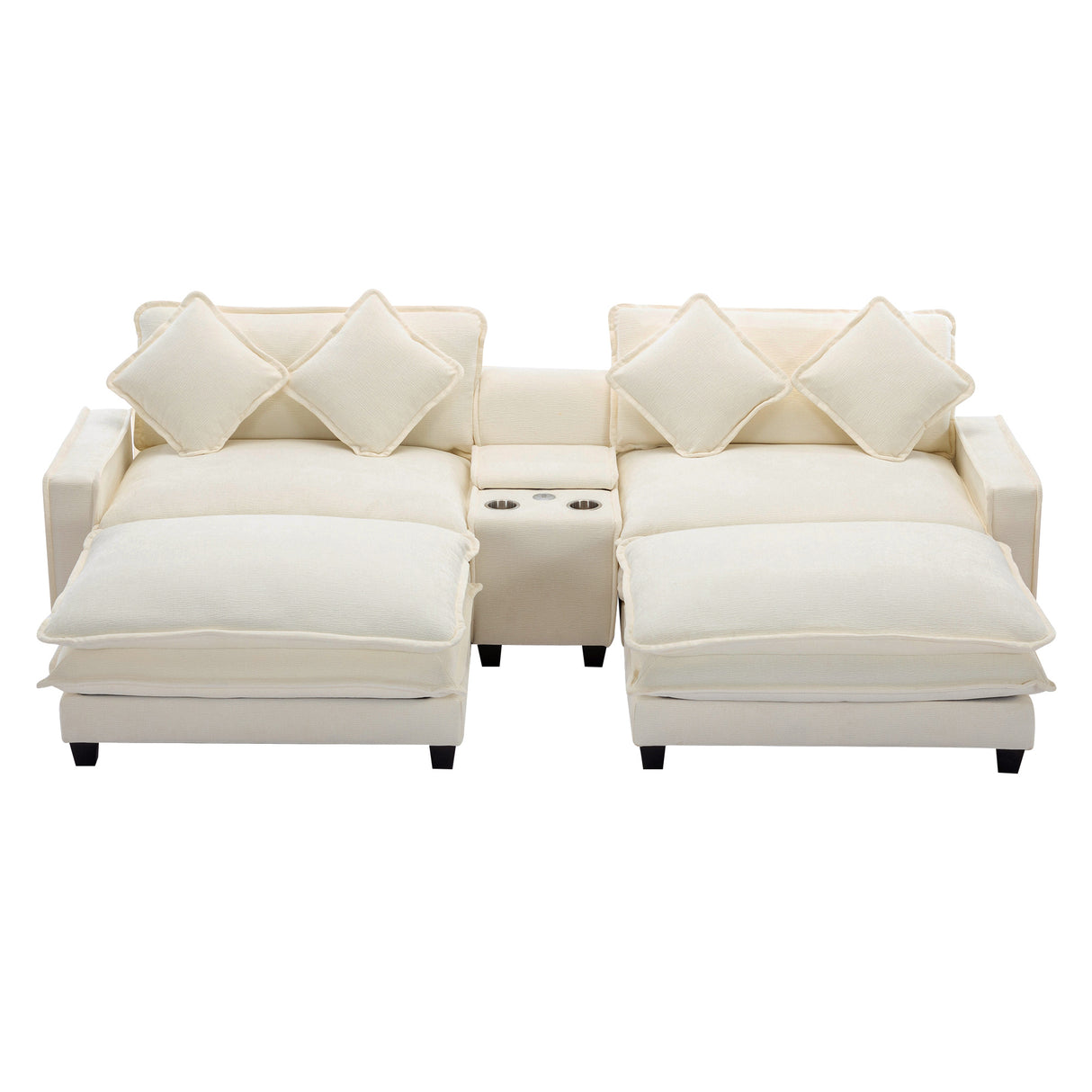 112.6" Chenille Upholstered Sofa with Two Ottomans, Two USB Ports, Two Cup Holders and Large Storage Box - Beige