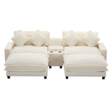 112.6" Chenille Upholstered Sofa with Two Ottomans, Two USB Ports, Two Cup Holders and Large Storage Box - Beige