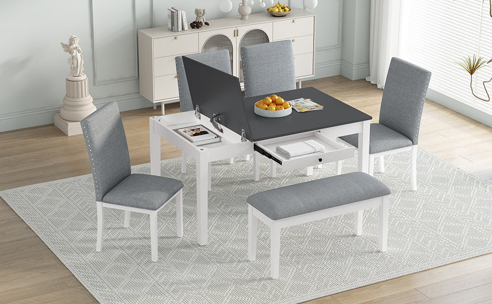 Farmhouse 6-Piece Dining Set with Storage Table with Drawer, and Upholstered Dining Chairs - White+Gray