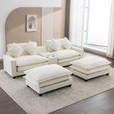 112.6" Chenille Upholstered Sofa with Two Ottomans, Two USB Ports, Two Cup Holders and Large Storage Box - Beige