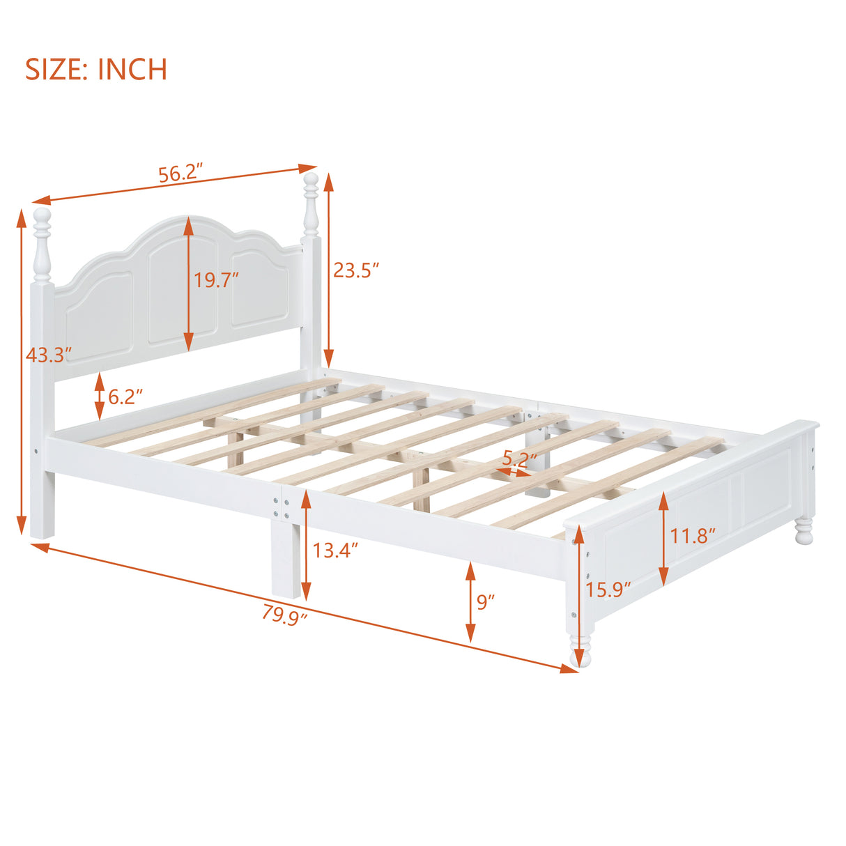 Full Size Wood Platform Bed with Slat Support, White