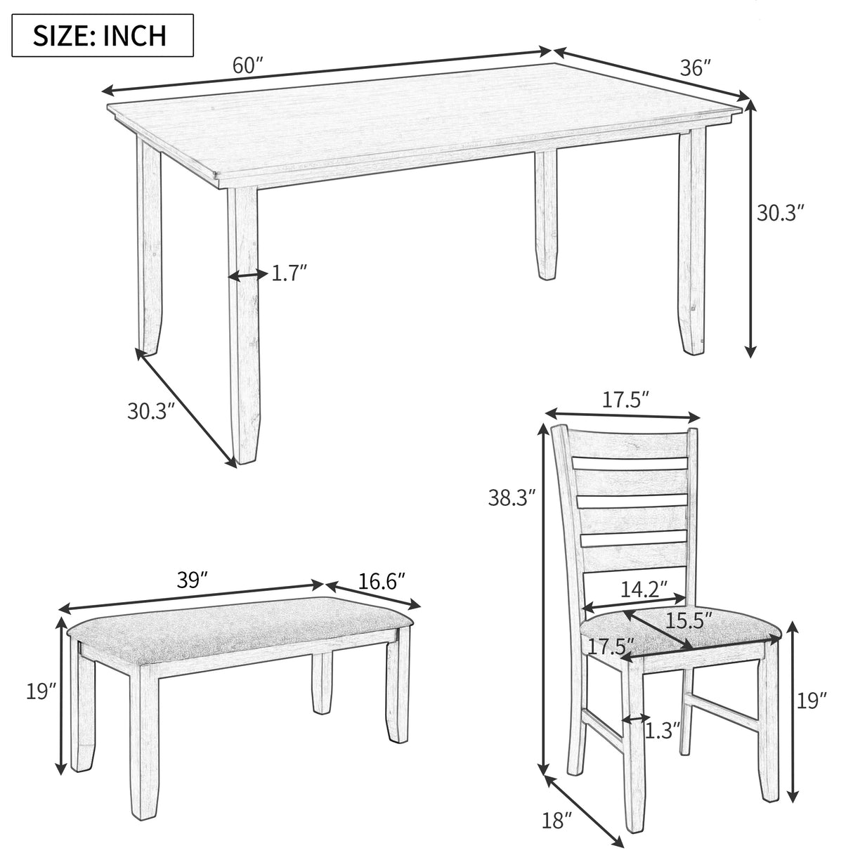 TREXM 6Pc  Dining Set (Natural Wood Wash)