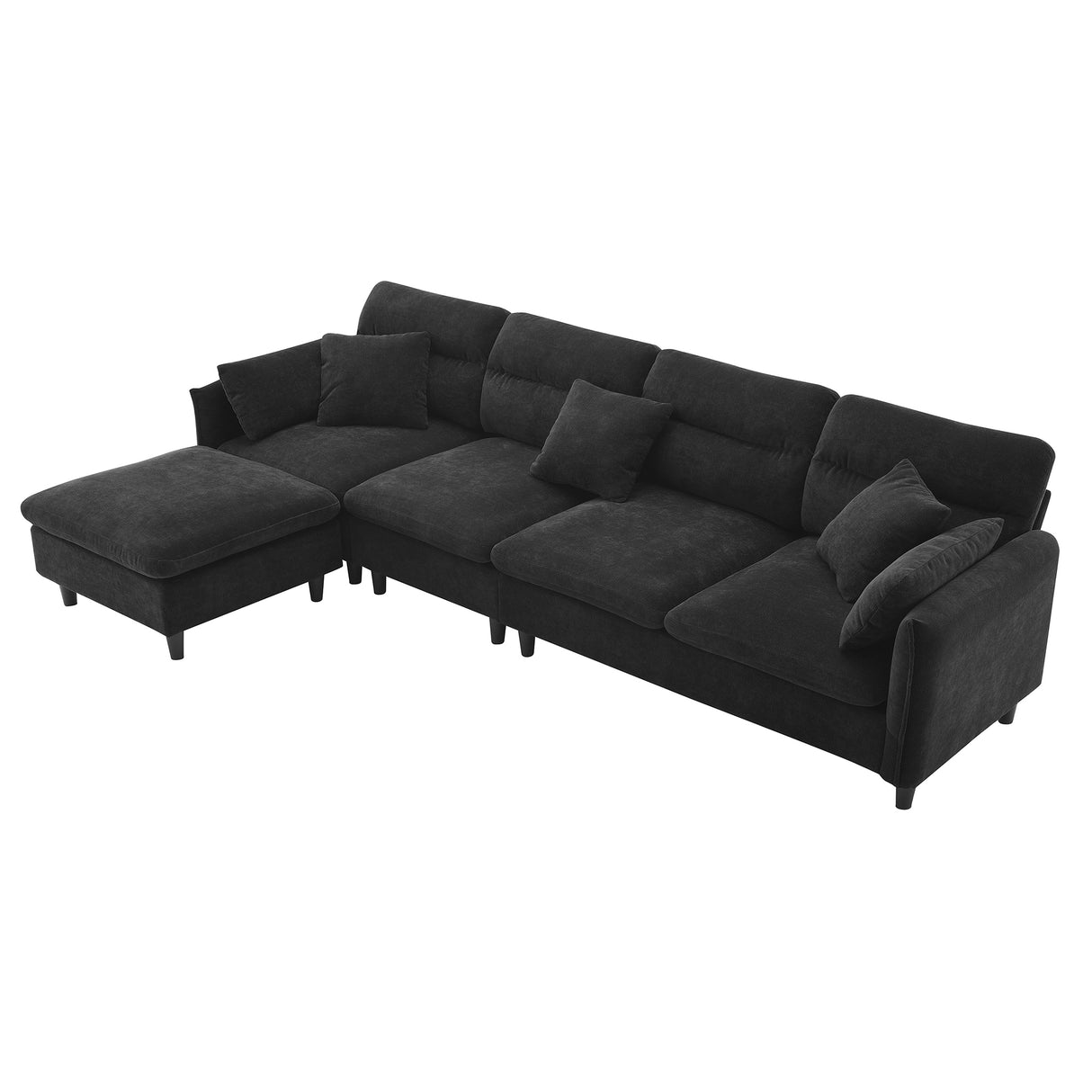 Modern Convertible Sectional Sofa with Pillows and Ottoman - Black