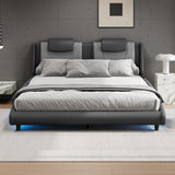 King Faux Leather Upholstered Platform Bed with LED Light and Adjustable Headboard, Gray