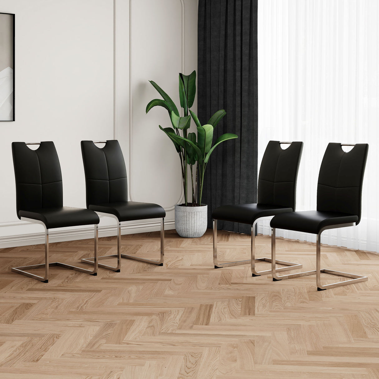 Modern Faux Leather Dining Chairs With Chrome Metal Legs (Set of 4) - Black / Silver