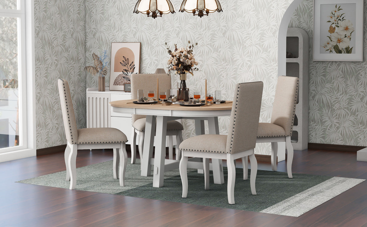 5-Piece Round Farmhouse Dining Set With Extendable Table and 4 Upholstered Dining Chairs - Oak Natural Wood + Antique White)