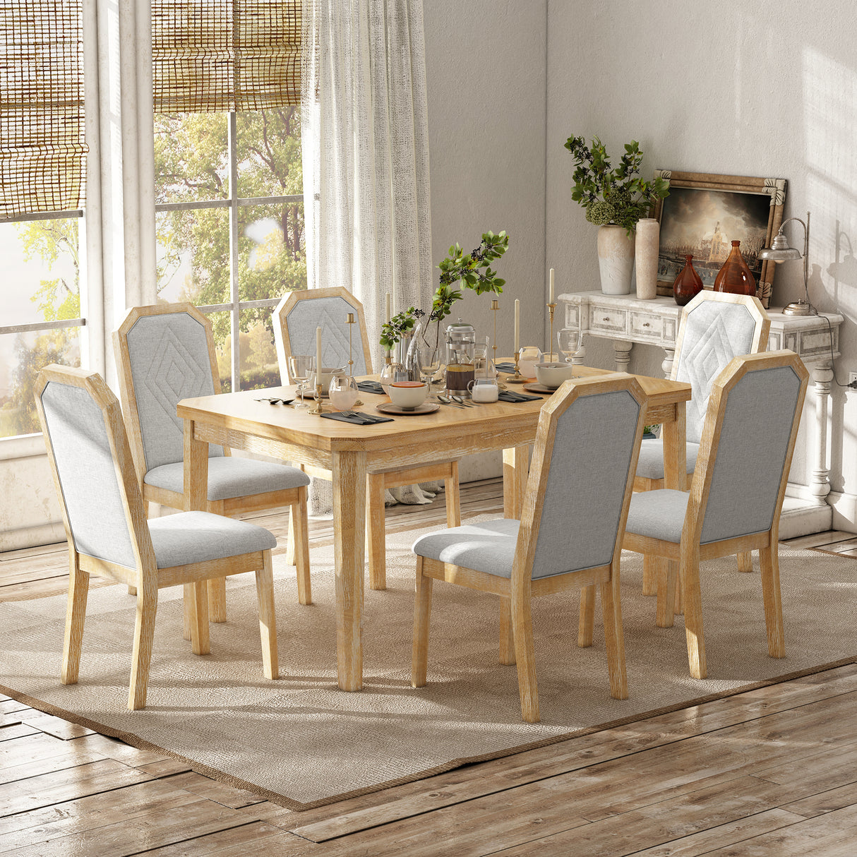 TREXM 7-Piece Farmhouse Dining Set With 6 high-back Chairs f (Natural Wood Wash)