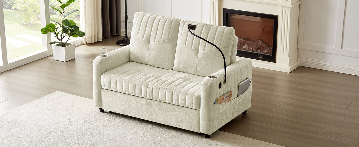 53.9" Modern Sleeper Loveseat with Adjustable Backrest, Two Cup Holders, Phone Holder, Three Charging Ports and Side Storage Pocket , Beige