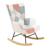 Accent Rocking Chair, Mid-Century Fabric Rocker Chair With Wood Legs And Patchwork Linen For Livingroom Bedroom