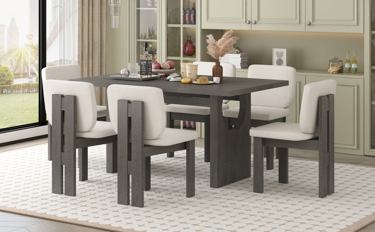 TREXM 7-Piece Retro Dining Set With Trestle Base and 6 Upholstered Chairs (Grey)