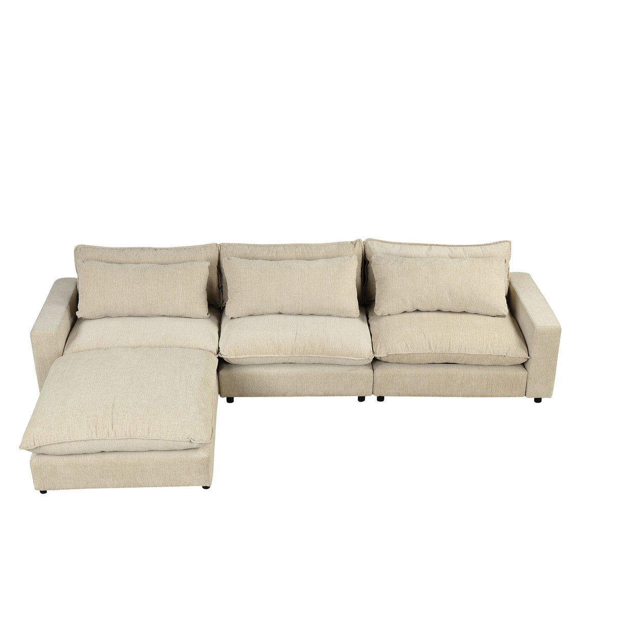 128" Chenille Cloud Sofa with Ottoman, Charging Ports and Three Back Pillows, Beige