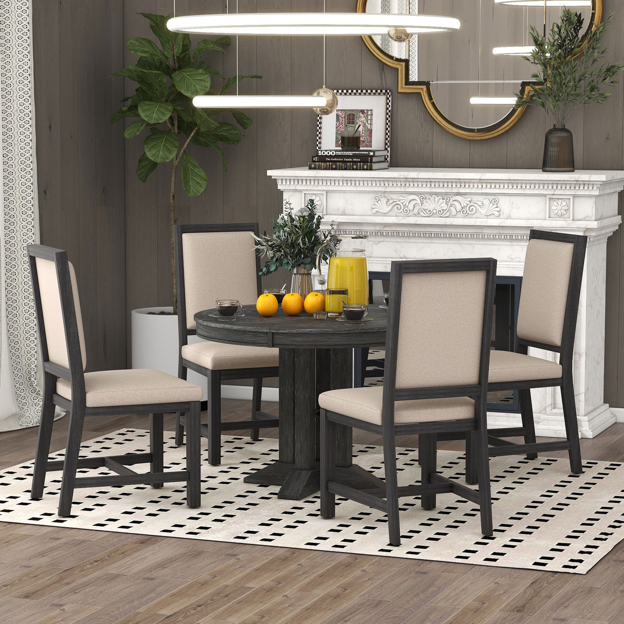 TREXM 5-Piece Dining Set With Extendable Table and 4 Upholstered Chairs (Black)