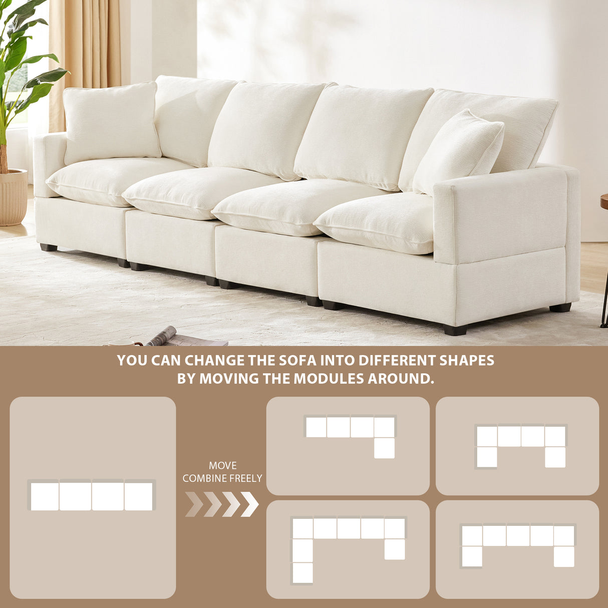 Modern Chenille  Modular Sofa with 2 Pillows - White