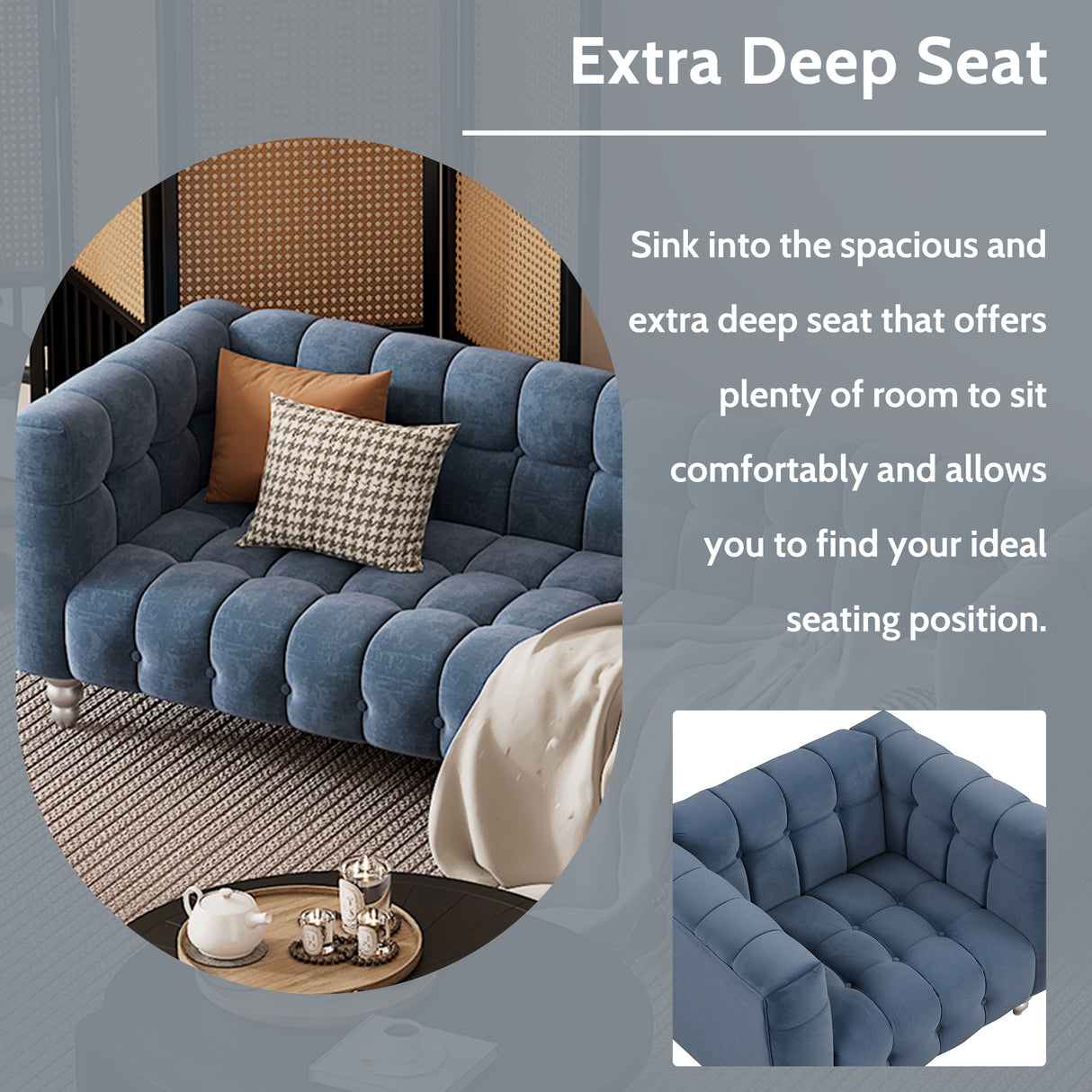 Modern 3-Living Room Set Including Sofa, love seat and Chair with solid wood legs, buttoned tufted backrest - Blue