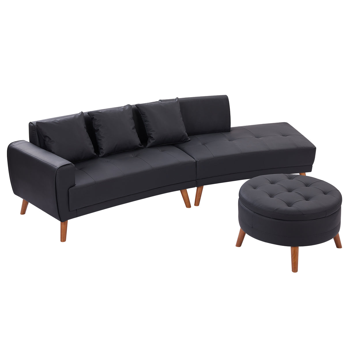 107" Contemporary Sofa with a Round Storage Ottoman and Three Removable Pillows - Black