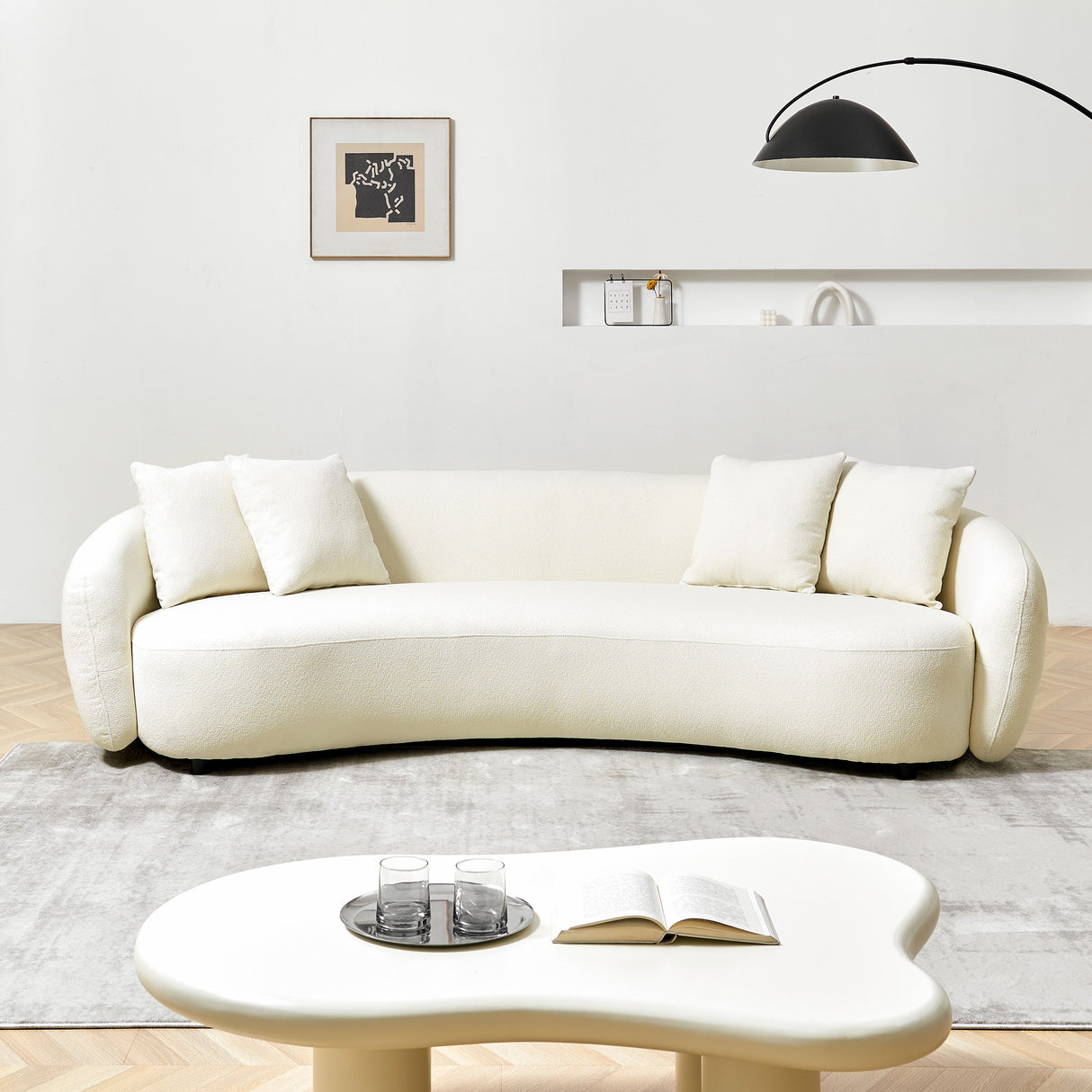 101" Modern Curved Mid-Century Sofa With 4 Throw Pillows - White