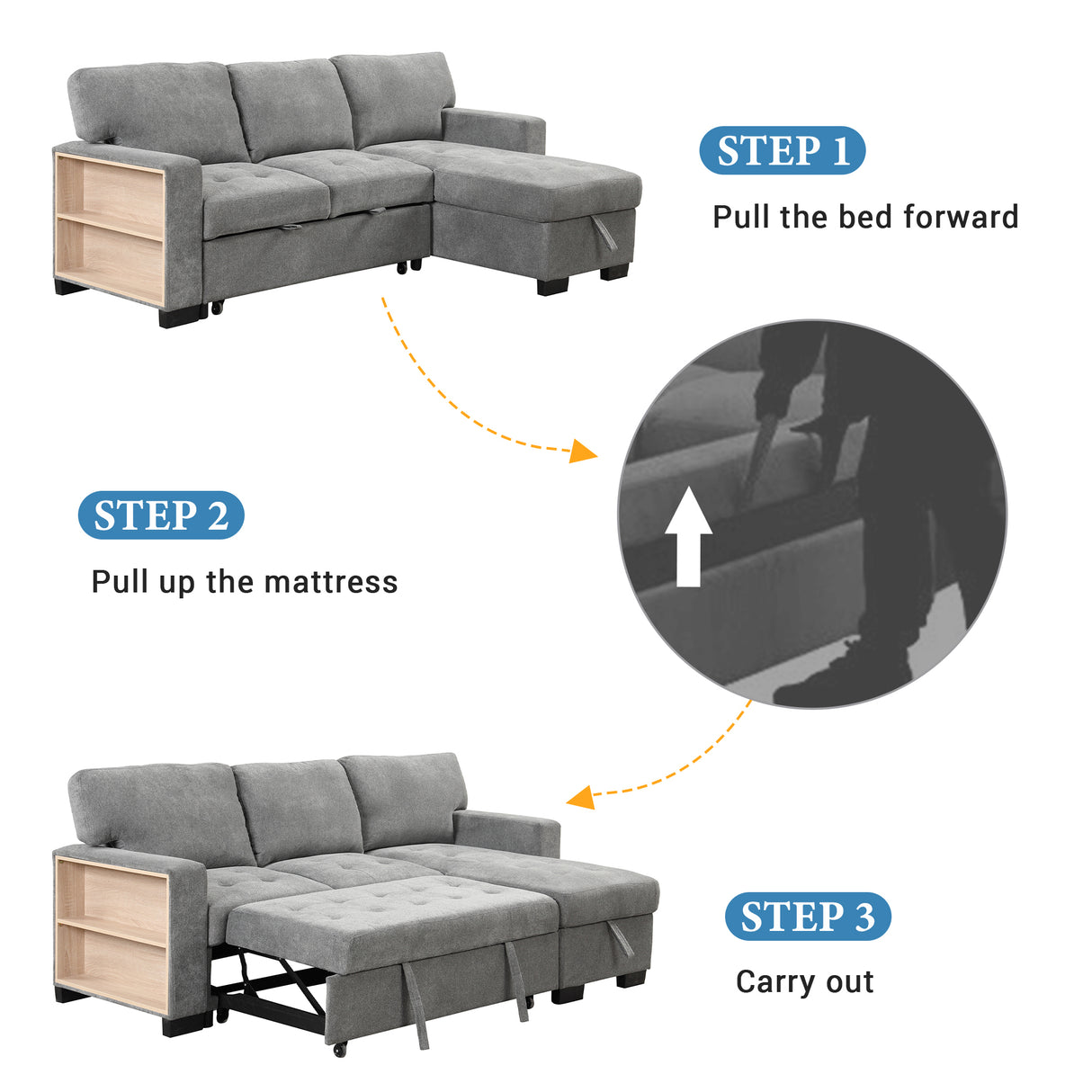 Sleeper Sofa Chaise with Storage  and USB Charger - Gray